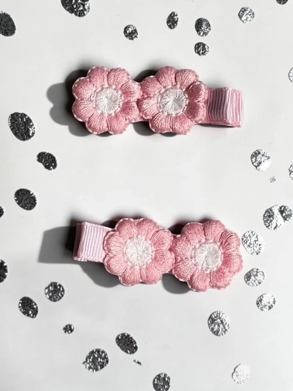 Handmade Pink Embroidered Flower Hair Clips | Set of 2 Floral Barrettes